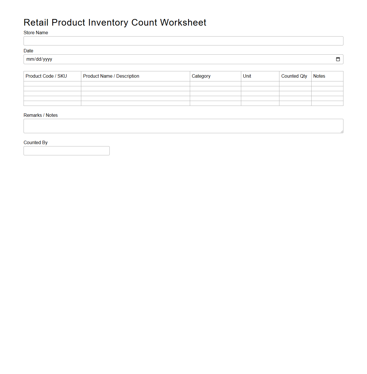 Retail Product Inventory Count Worksheet