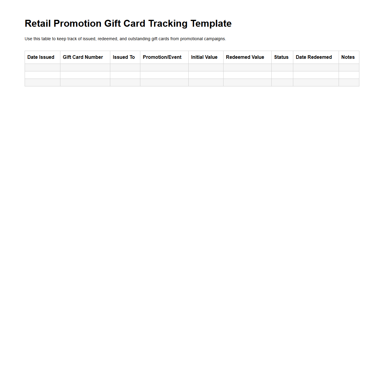 Retail Promotion Gift Card Tracking Template