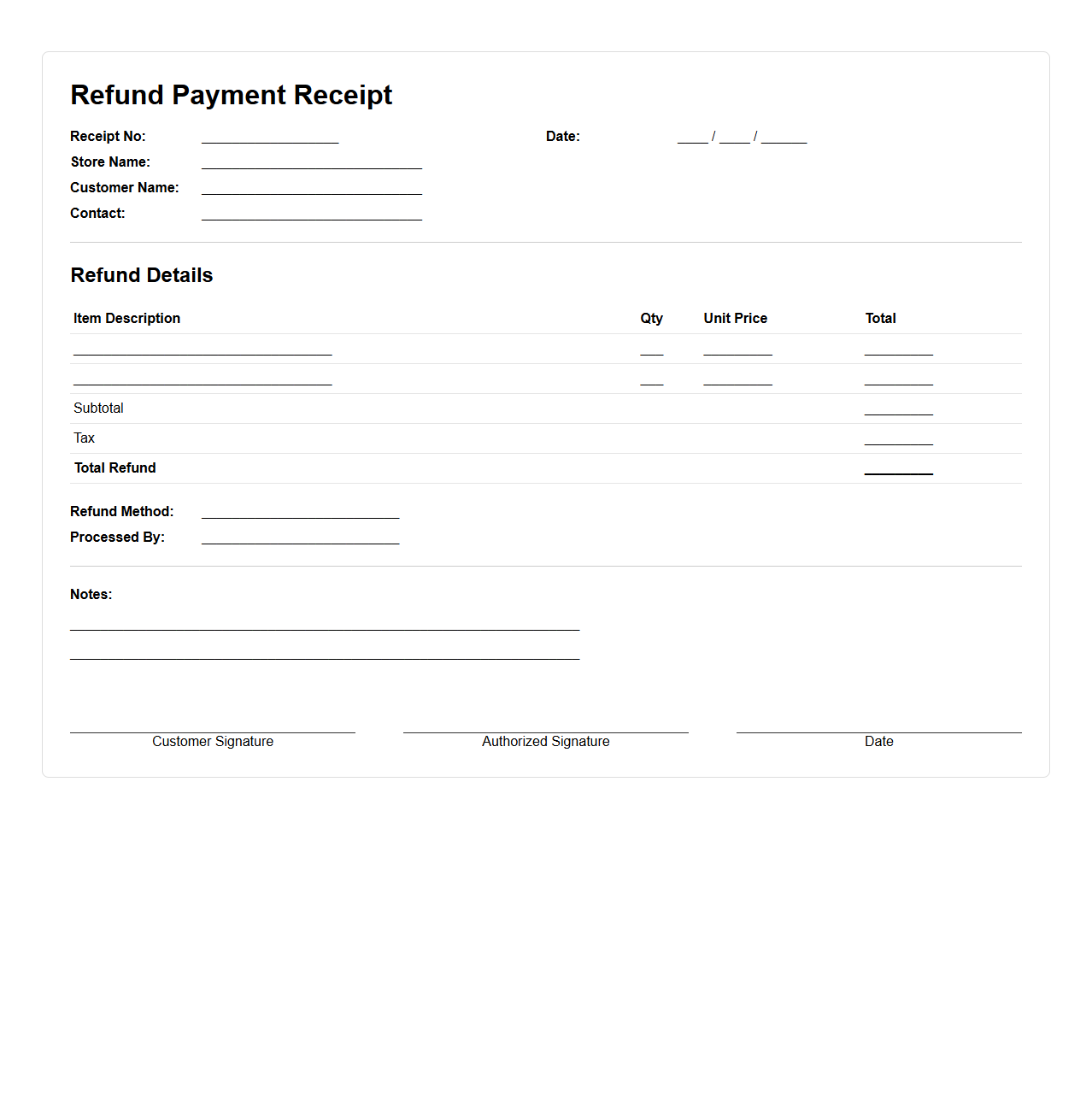 Retail Refund Payment Receipt Sample