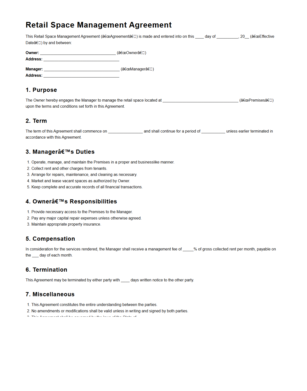 Retail Space Management Agreement Document Sample