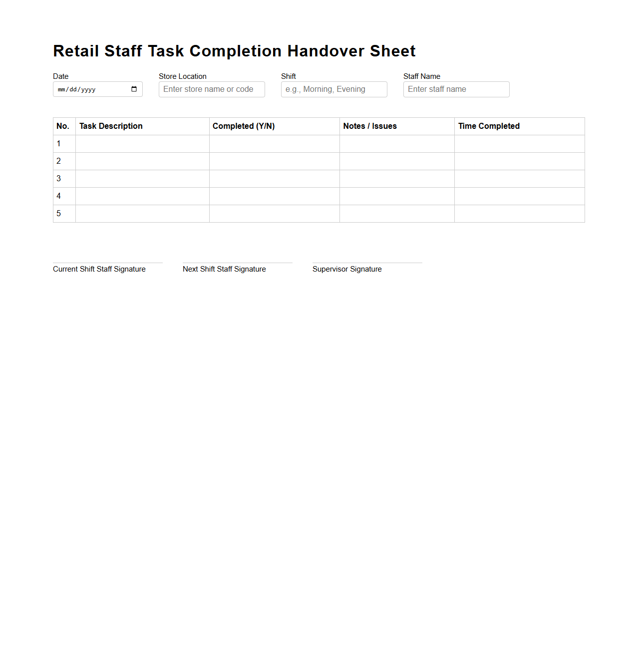 Retail Staff Task Completion Handover Sheet