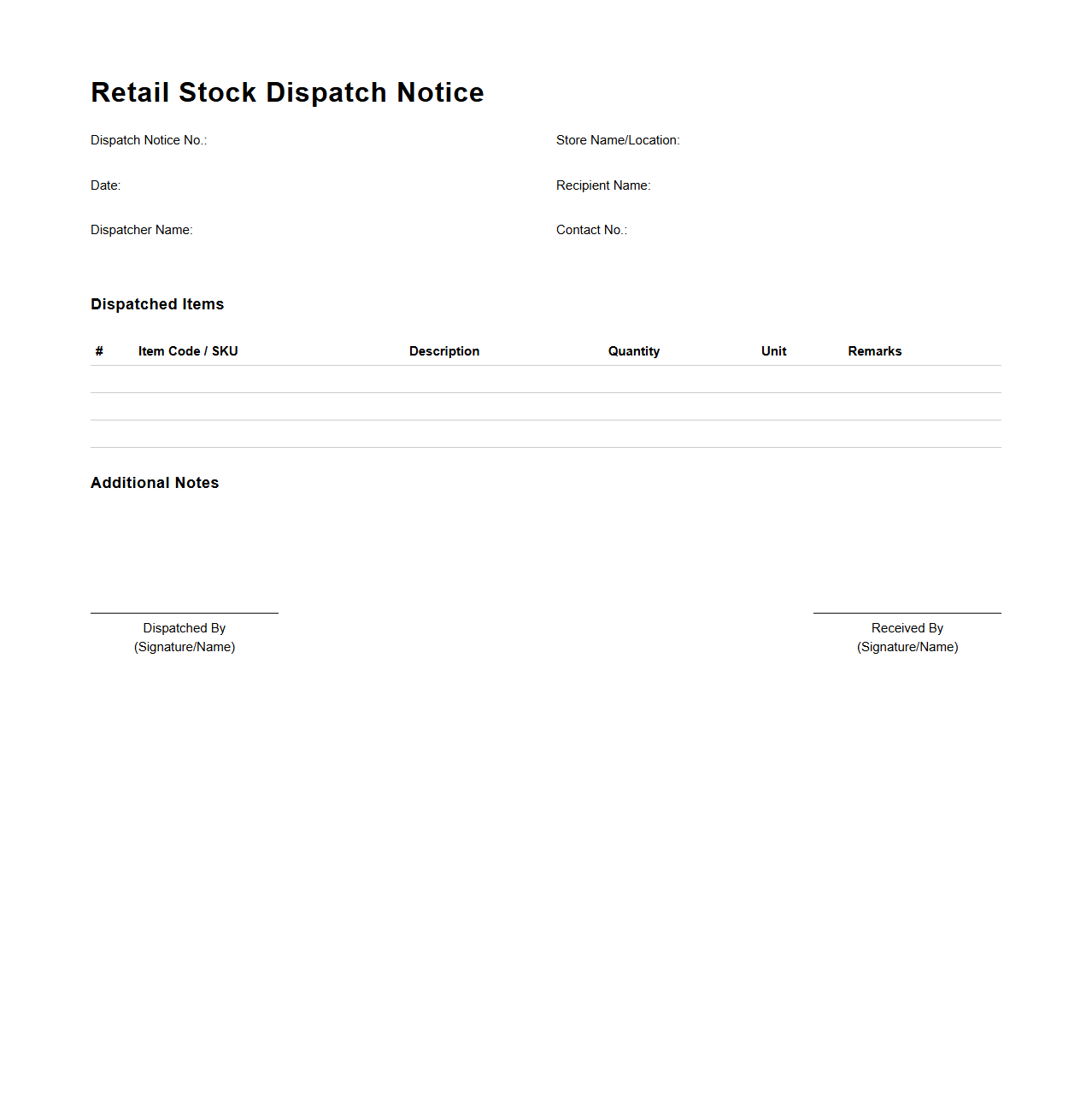 Retail Stock Dispatch Notice Template