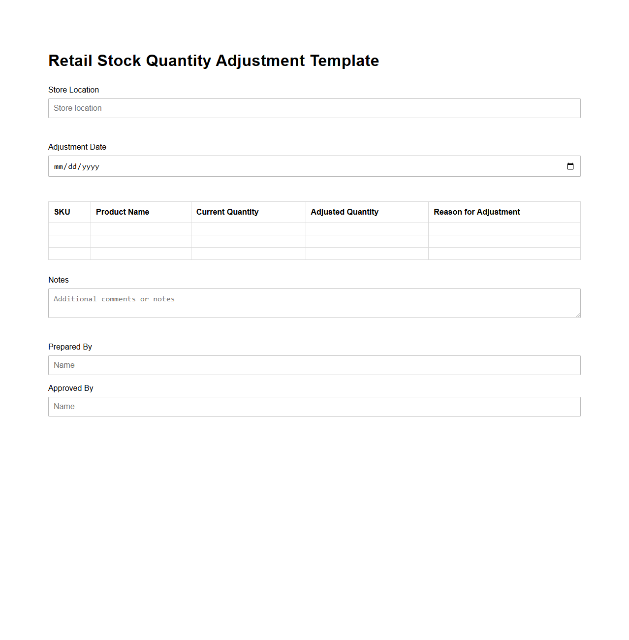 Retail Stock Quantity Adjustment Template