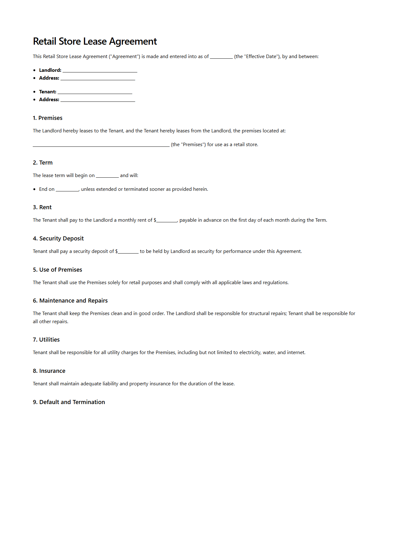 Retail Store Lease Agreement Sample