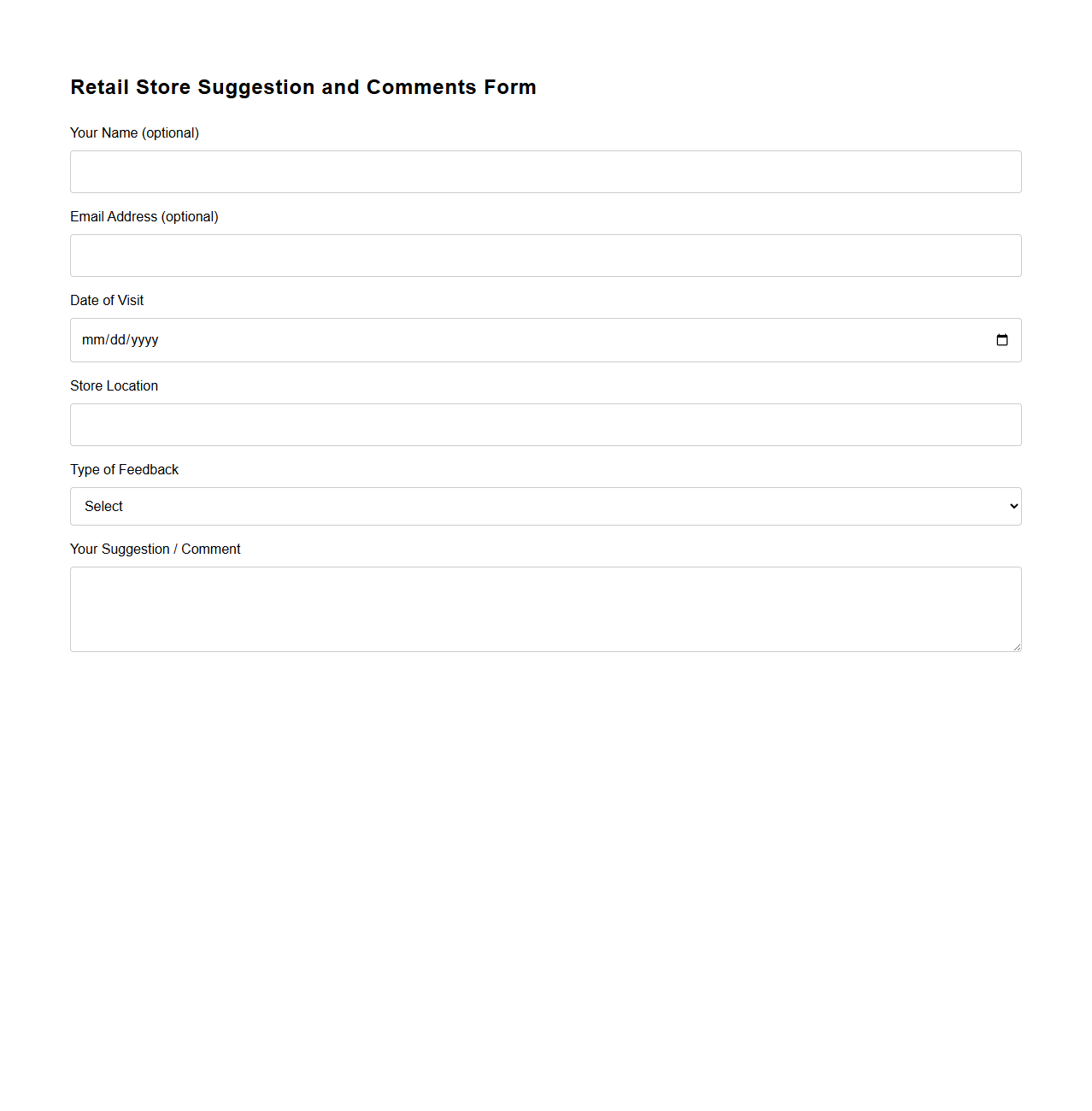 Retail Store Suggestion and Comments Form