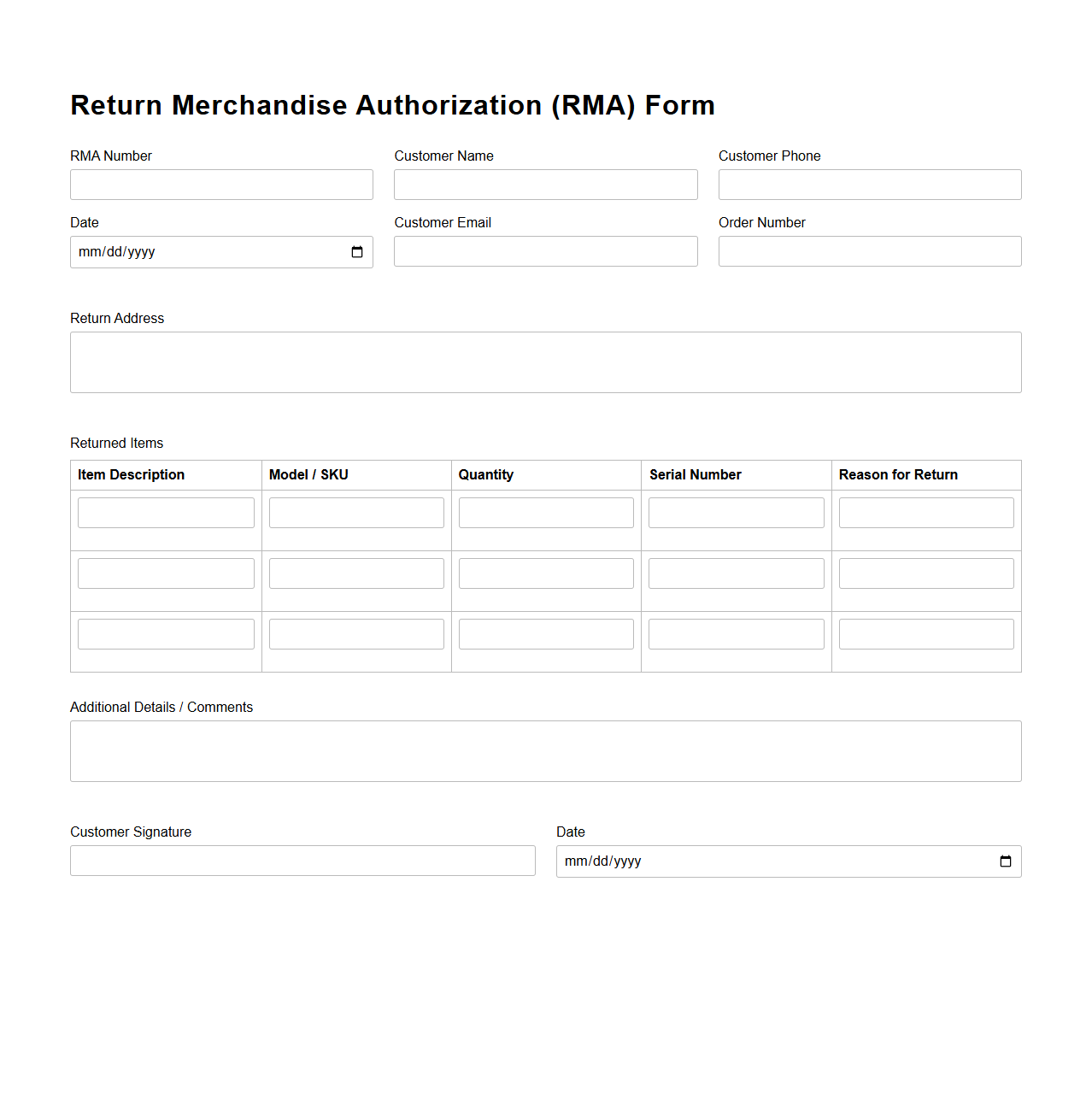 Return Merchandise Authorization (RMA) Form