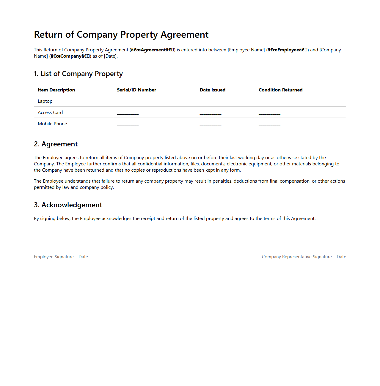 Return of Company Property Agreement Sample