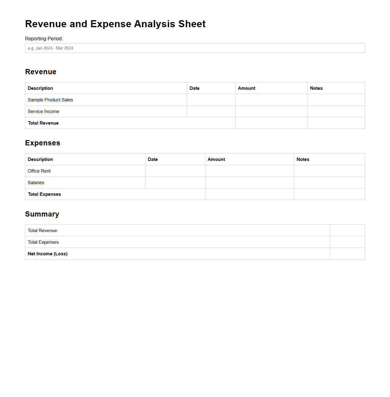 Revenue and Expense Analysis Sheet