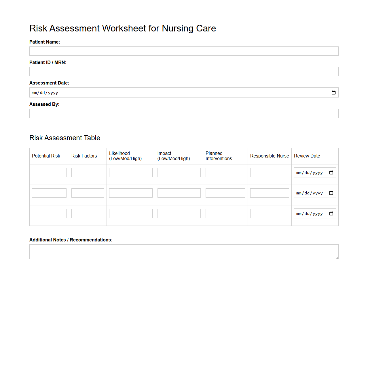 Risk Assessment Worksheet for Nursing Care