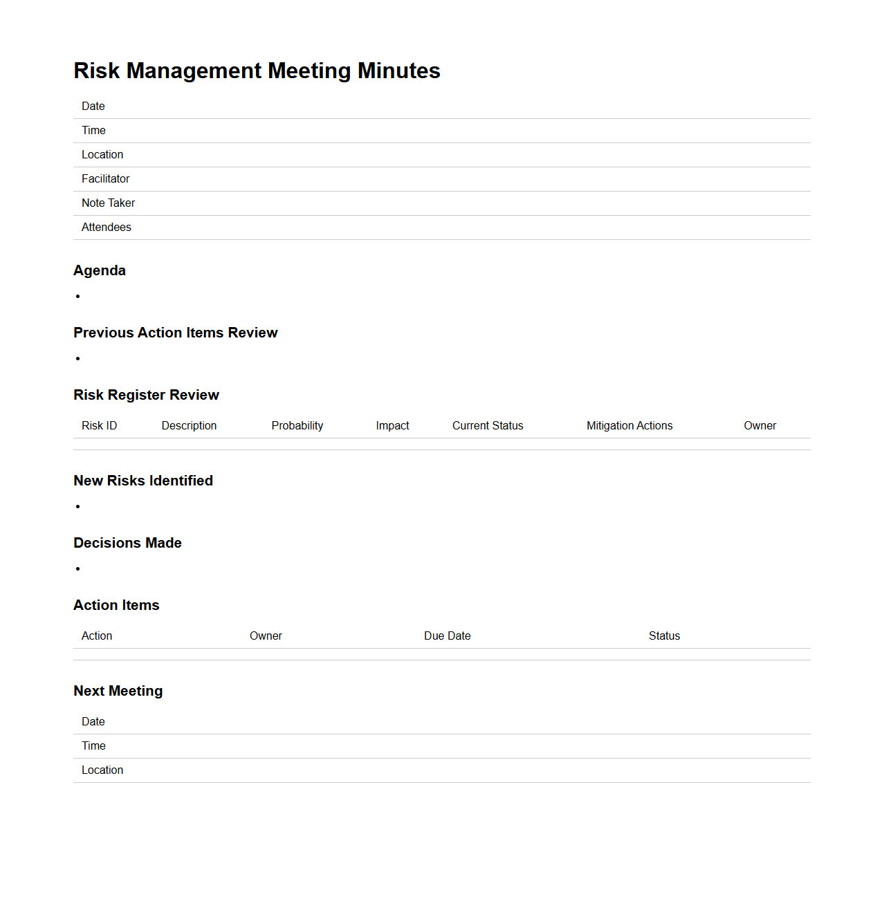 Risk Management Meeting Minutes Sample