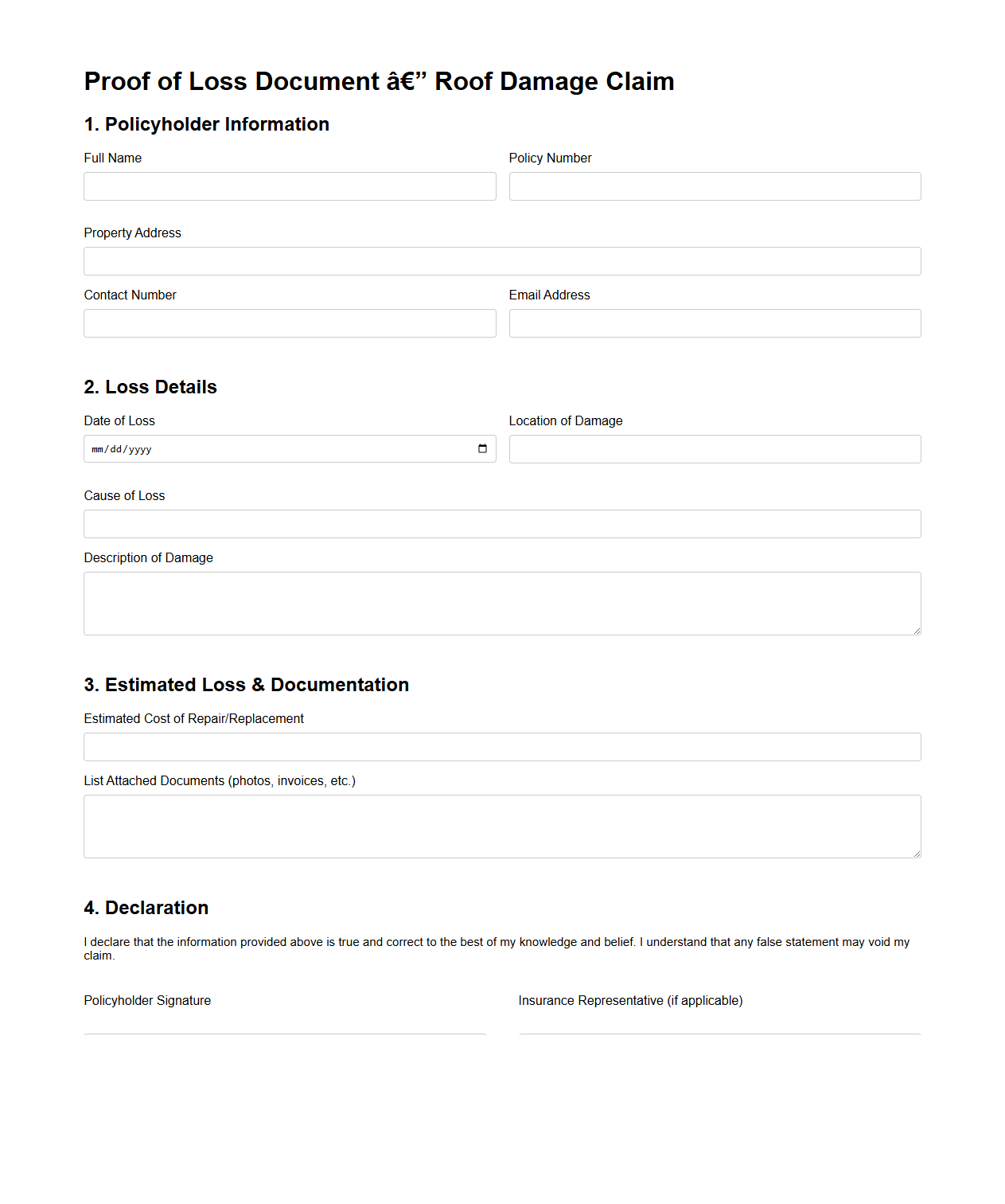 Roof Damage Claim Proof of Loss Document