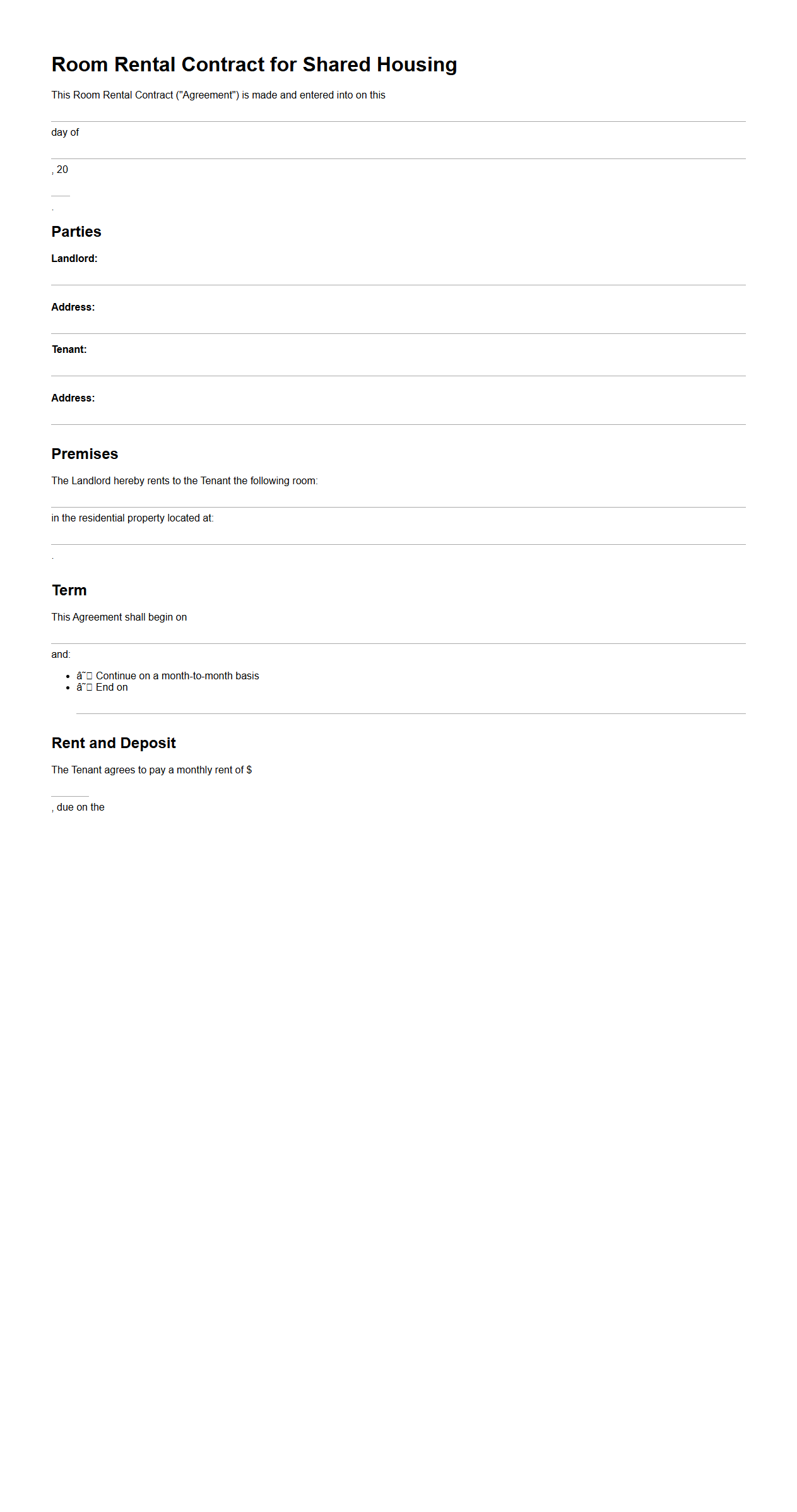 Room Rental Contract for Shared Housing