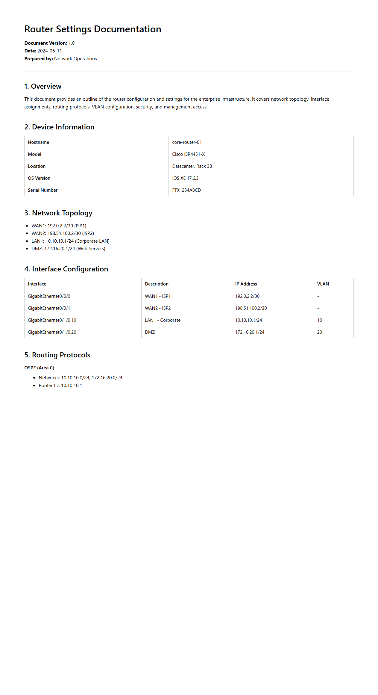 Router Settings Documentation for Enterprise Infrastructure