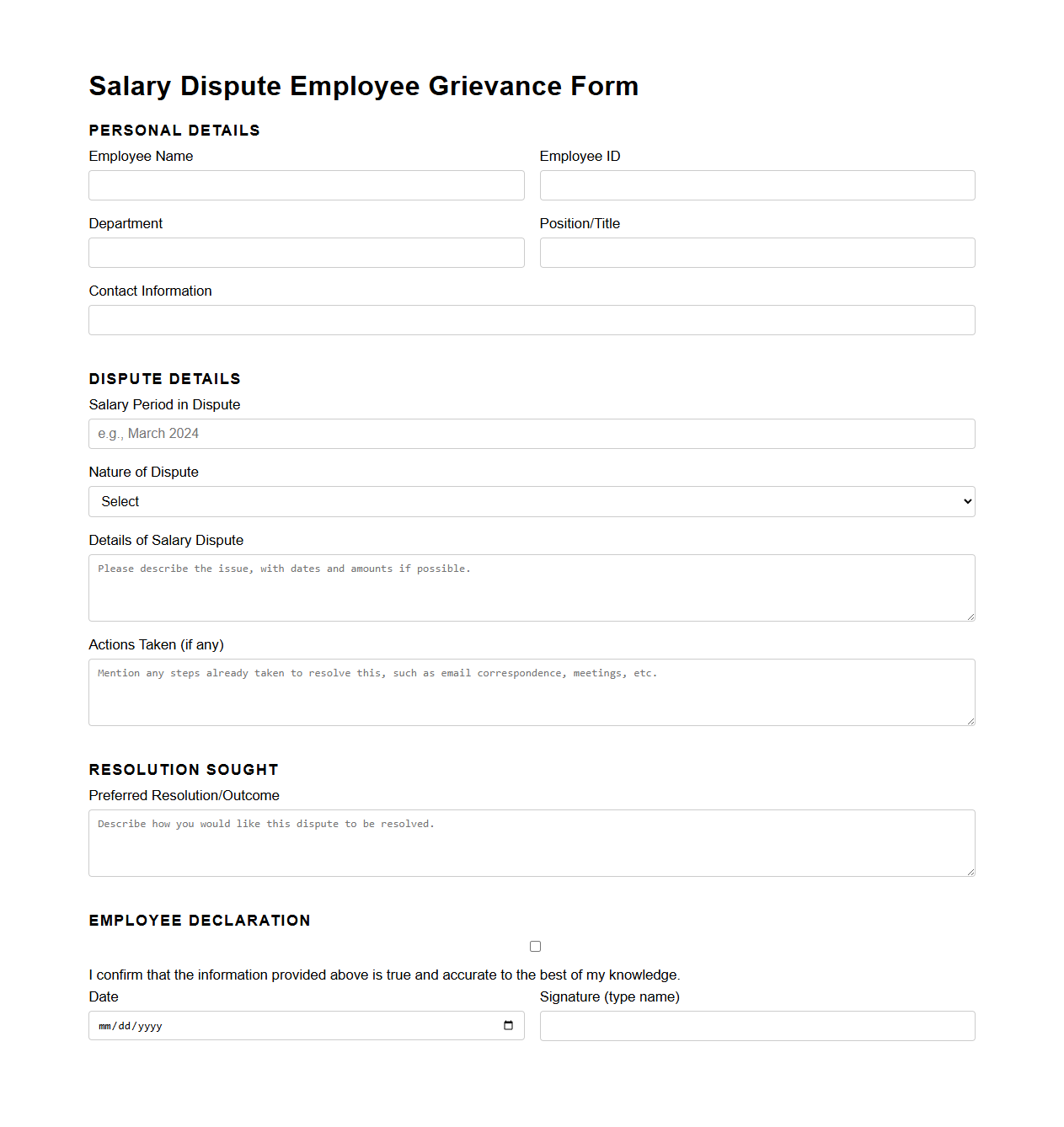 Salary Dispute Employee Grievance Form Sample