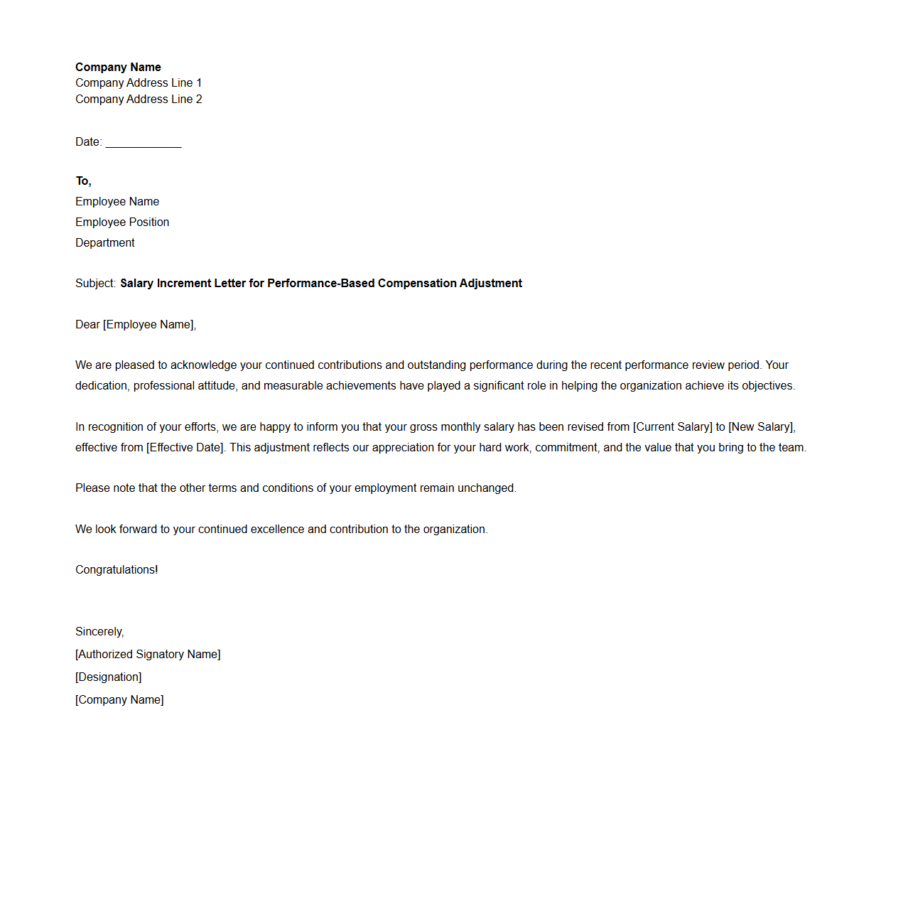 Salary Increment Letter for Performance-Based Compensation Adjustment