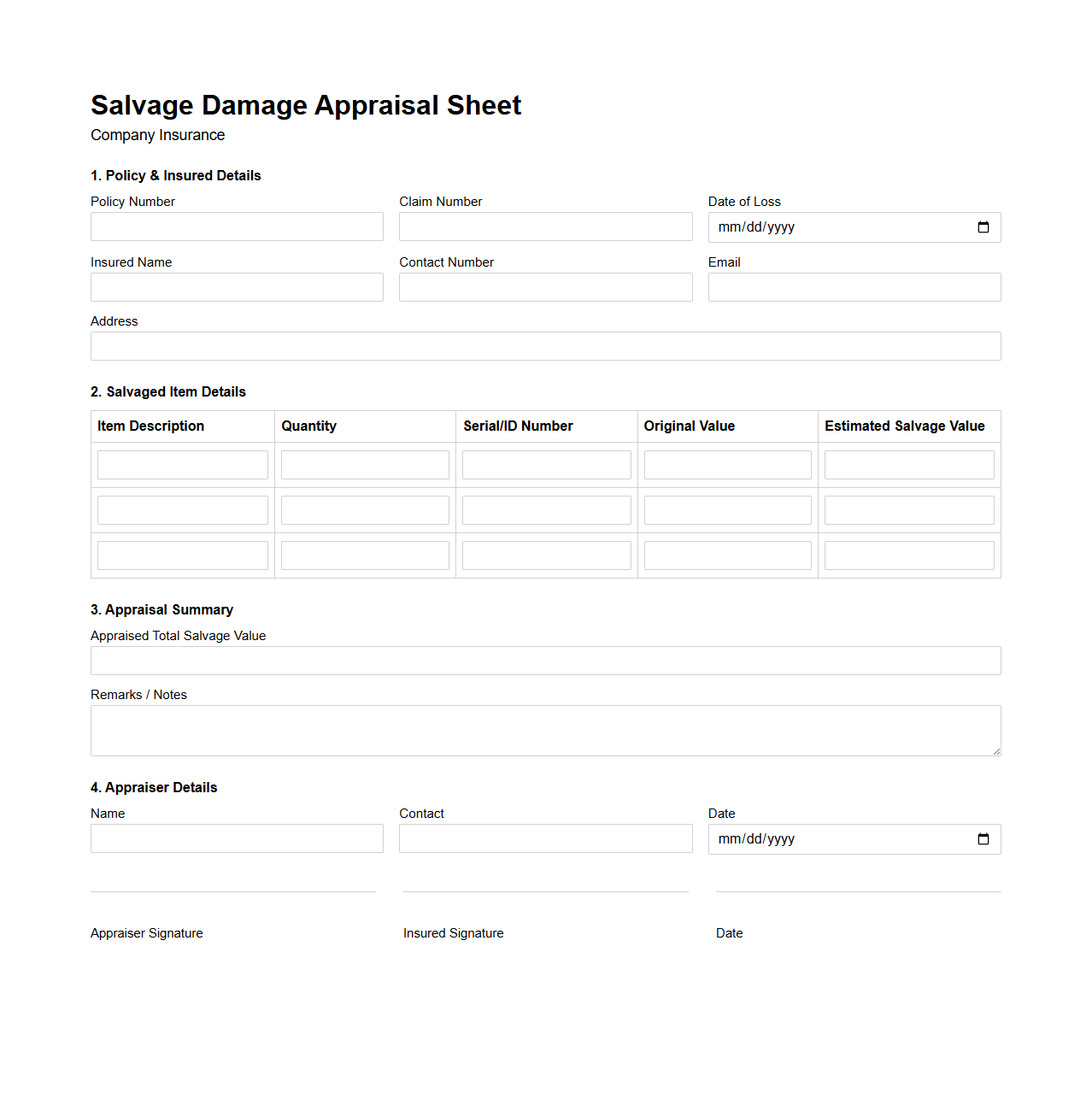 Salvage Damage Appraisal Sheet for Company Insurance