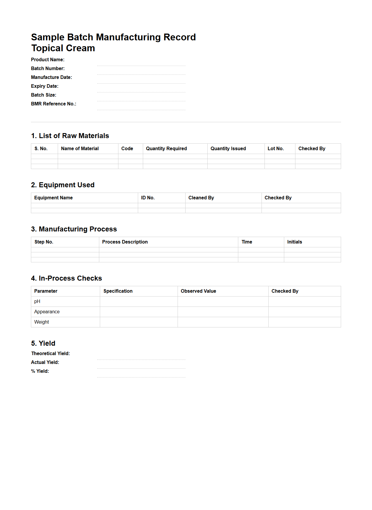 Sample Batch Manufacturing Record for Topical Creams