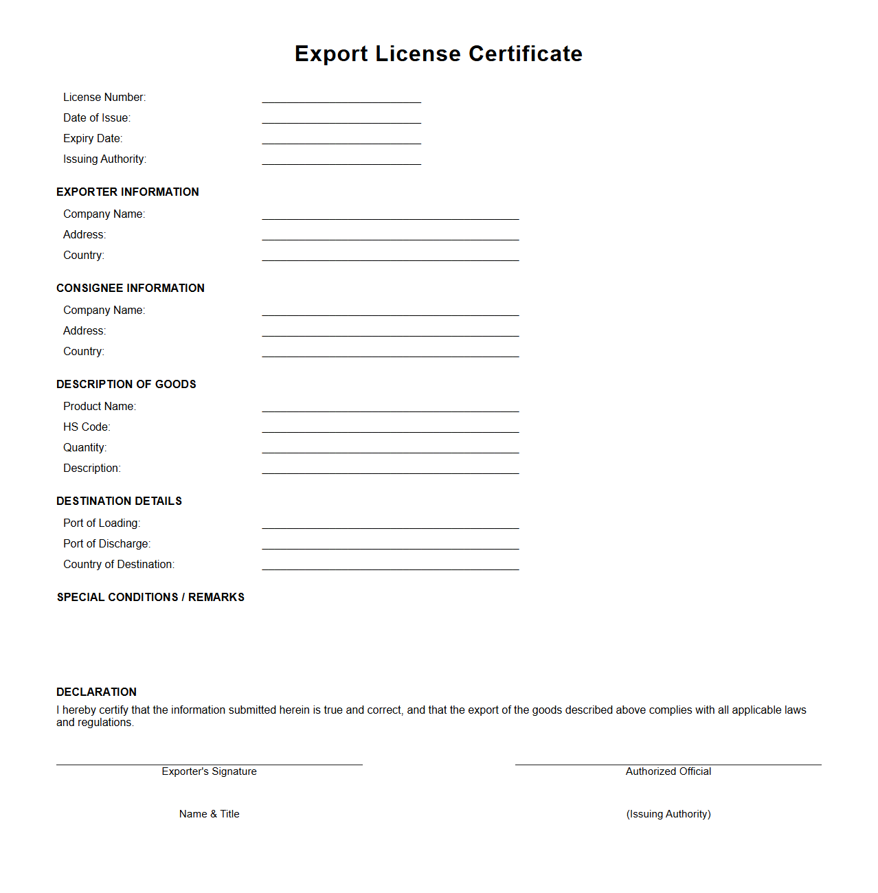 Sample Export License for Industrial Machinery