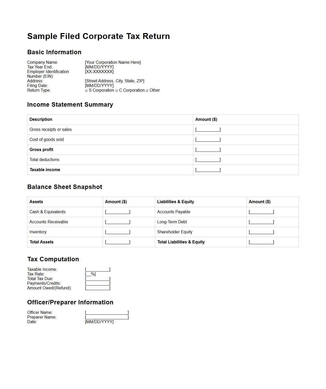 Sample Filed Corporate Tax Return