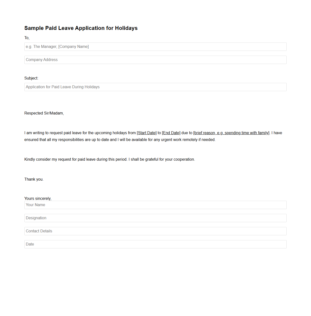 Sample Paid Leave Application for Holidays