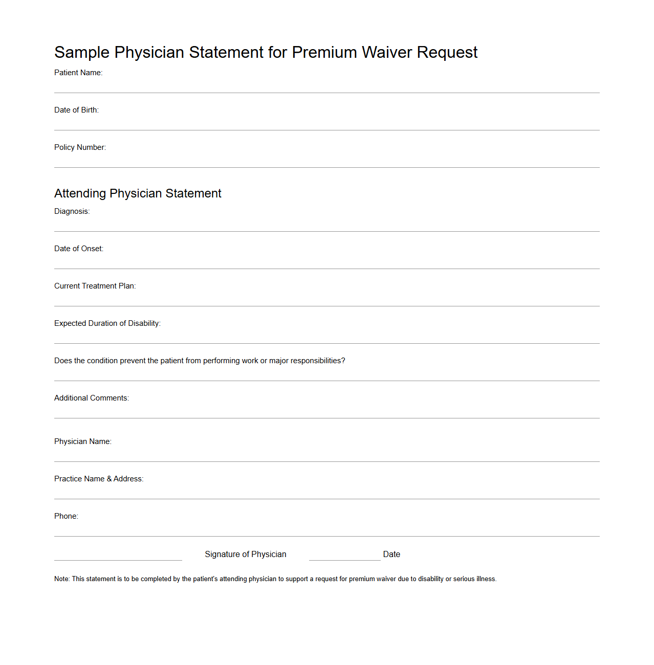 Sample Physician Statement for Premium Waiver Request