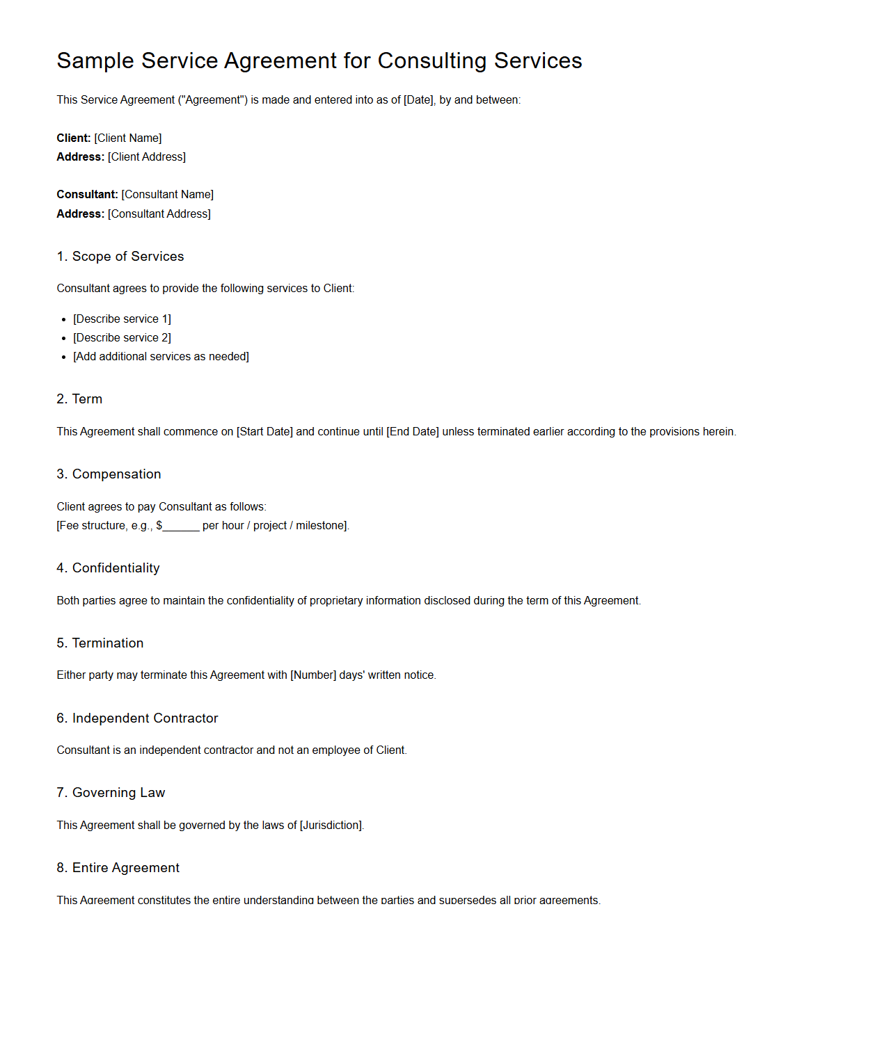 Sample Service Agreement for Consulting Services