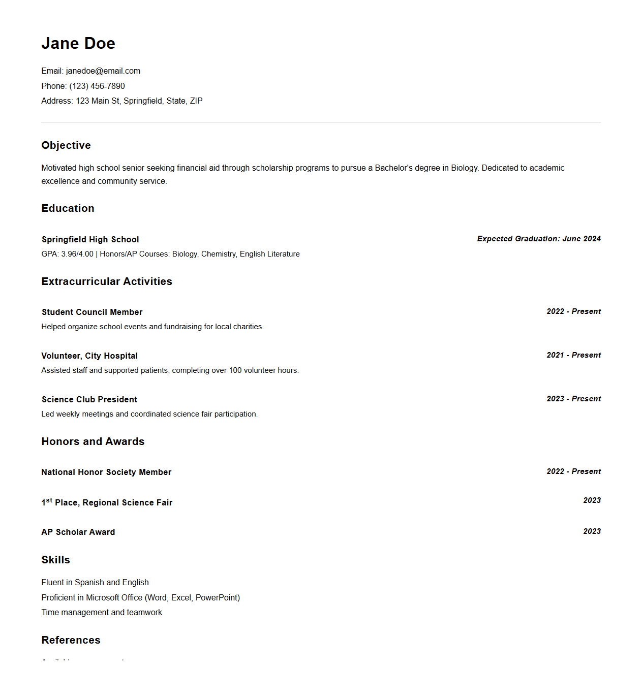 Scholarship Resume Sample for Financial Aid