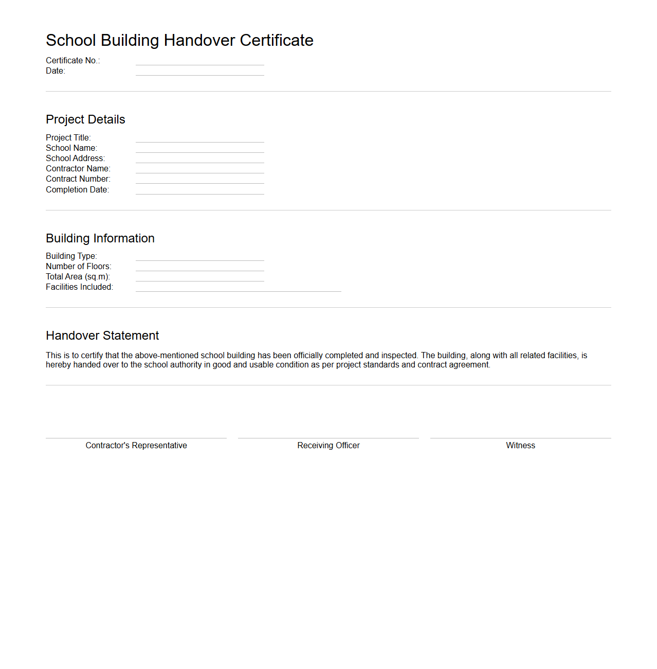 School Building Handover Certificate Outline