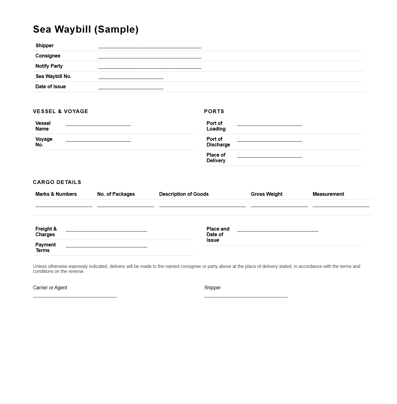 Sea Waybill Example for International Shipping