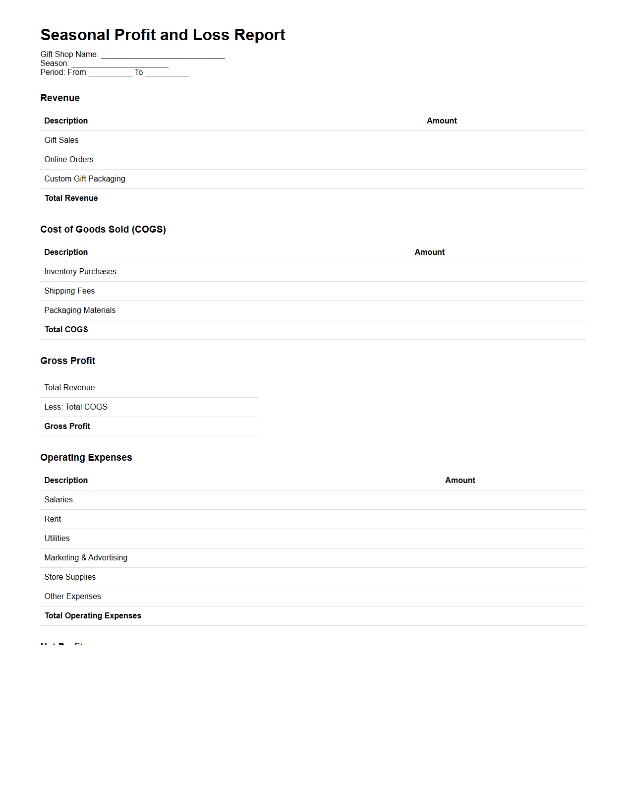 Seasonal Profit and Loss Report for Gift Shops