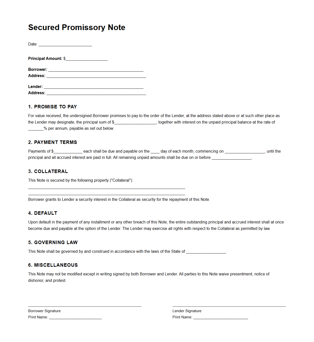 Secured Promissory Note Format with Collateral Terms