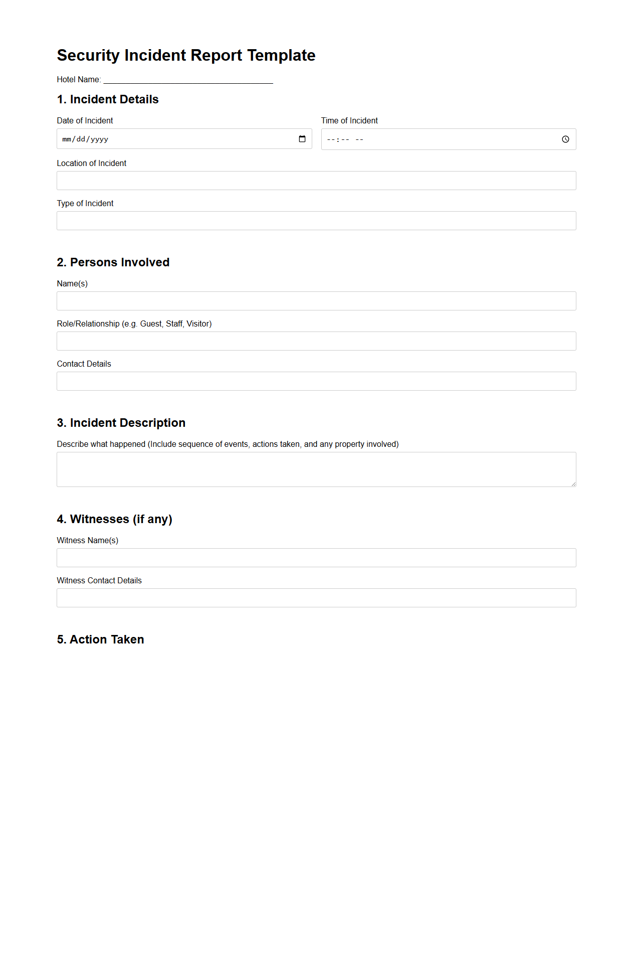 Security Incident Report Template for Hotel Premises