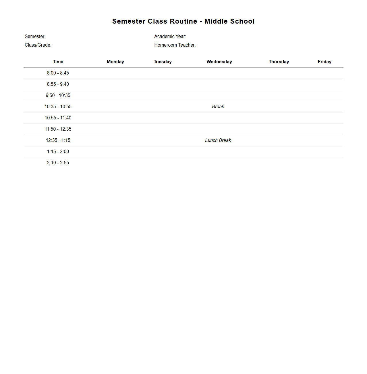 Semester Class Routine Format for Middle School