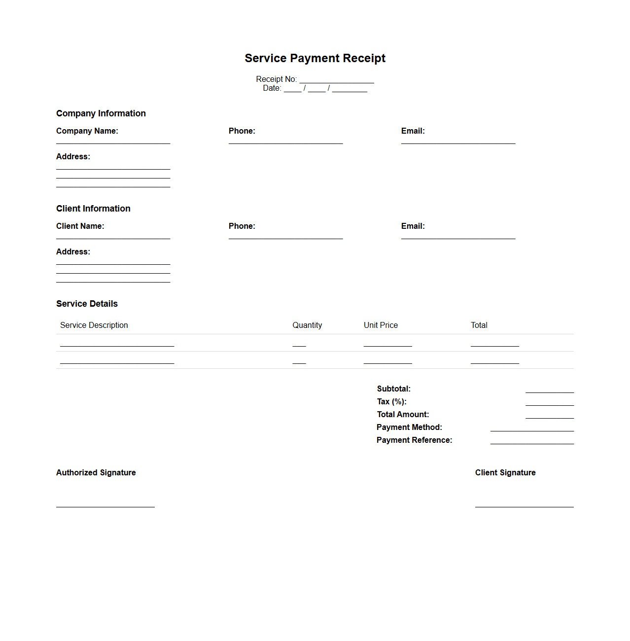 Service Payment Receipt Format for Clients