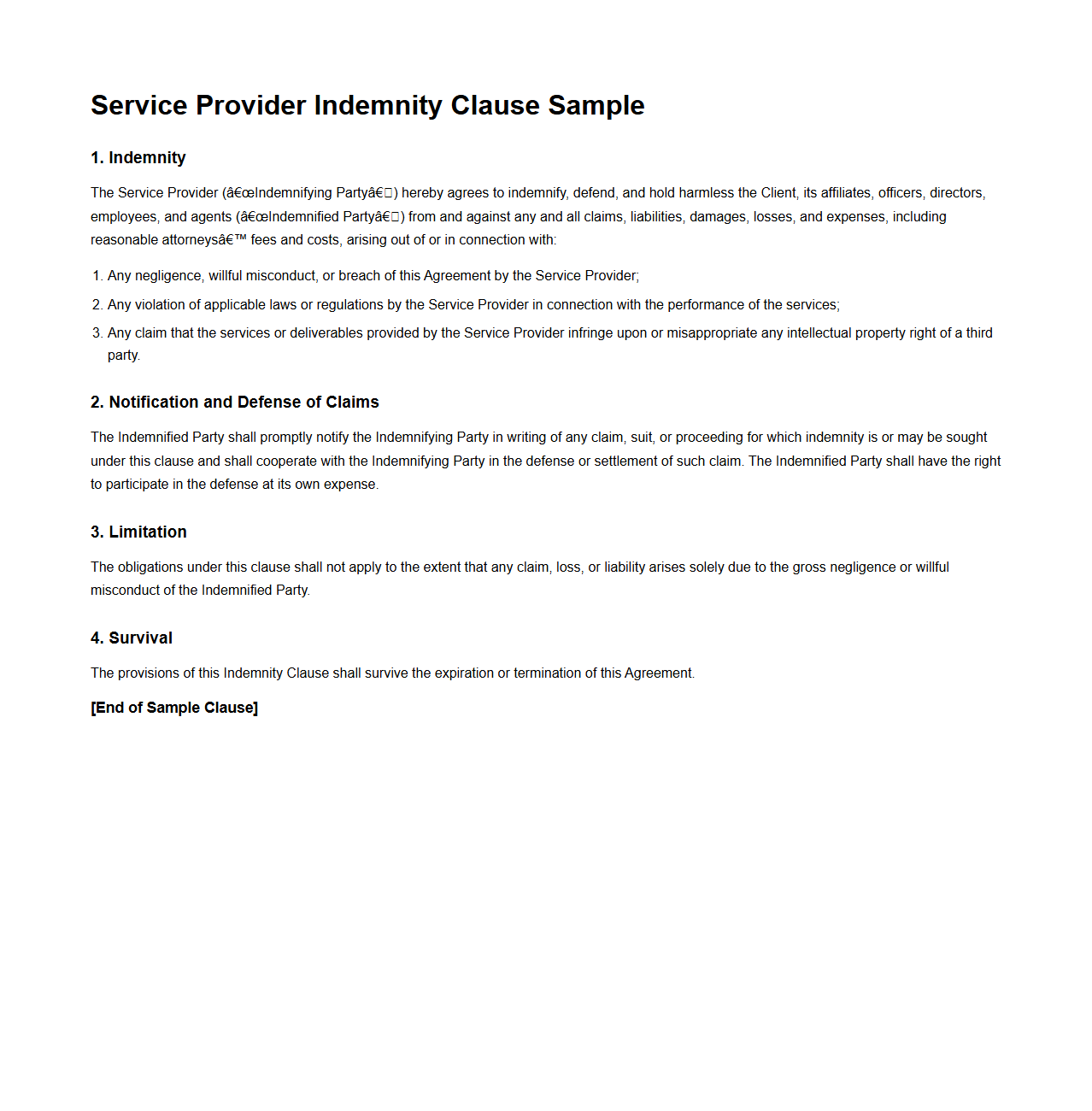 Service Provider Indemnity Clause Sample for Client Engagements
