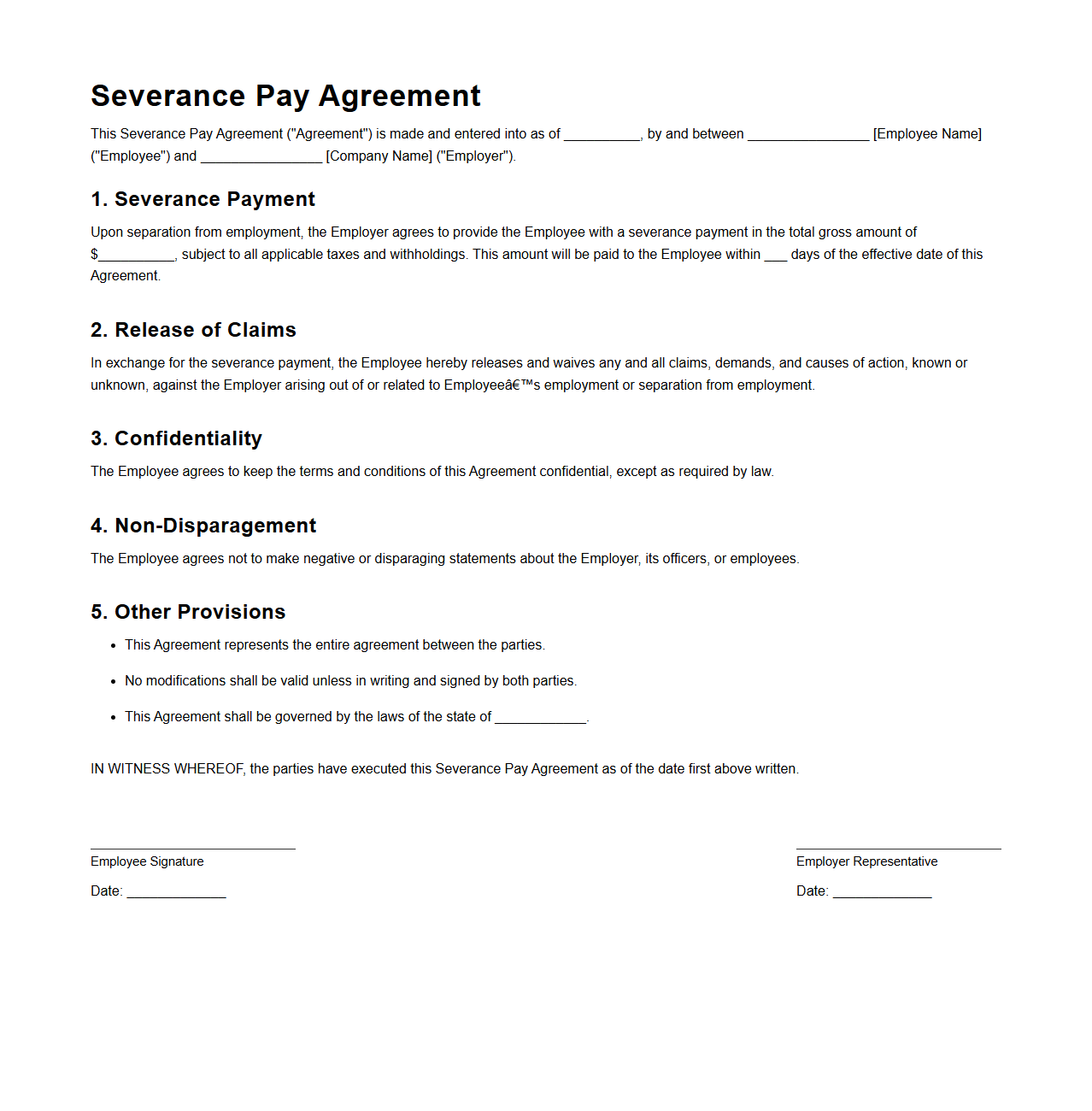 Severance Pay Agreement Document Template