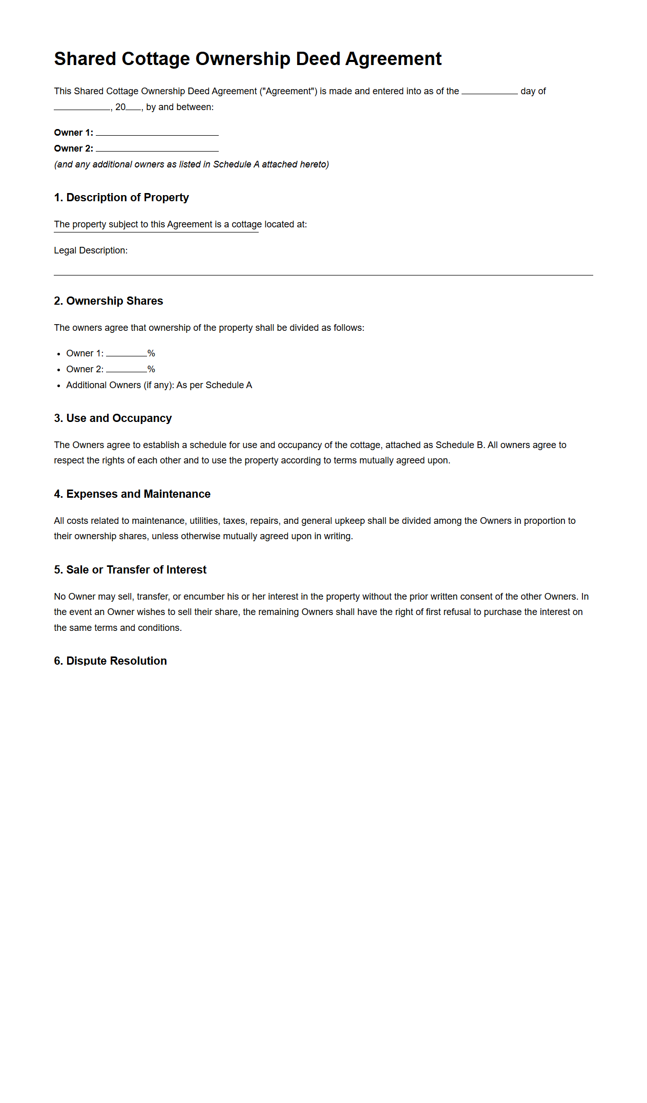 Shared Cottage Ownership Deed Agreement