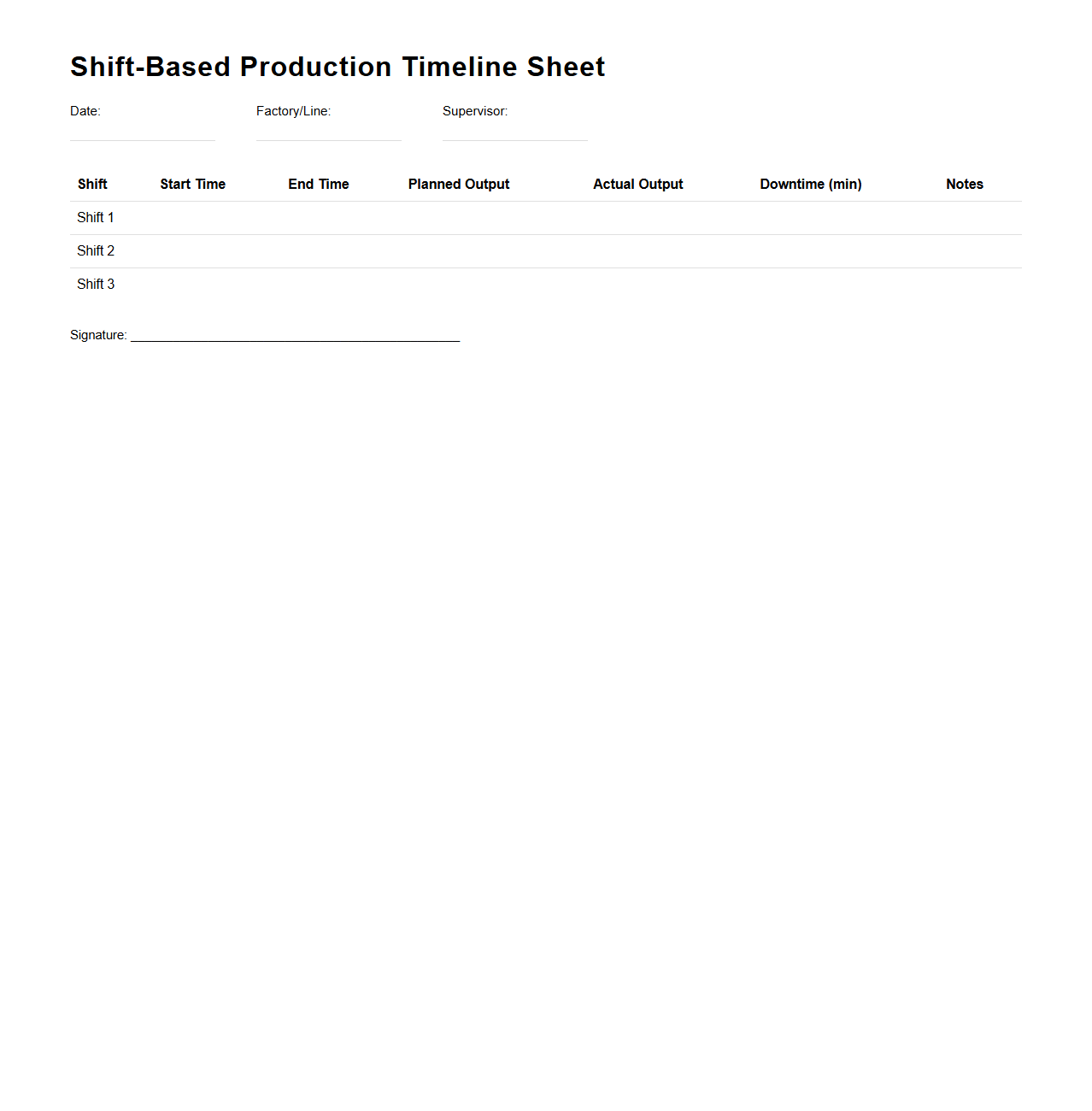 Shift-Based Production Timeline Sheet for Factory Use