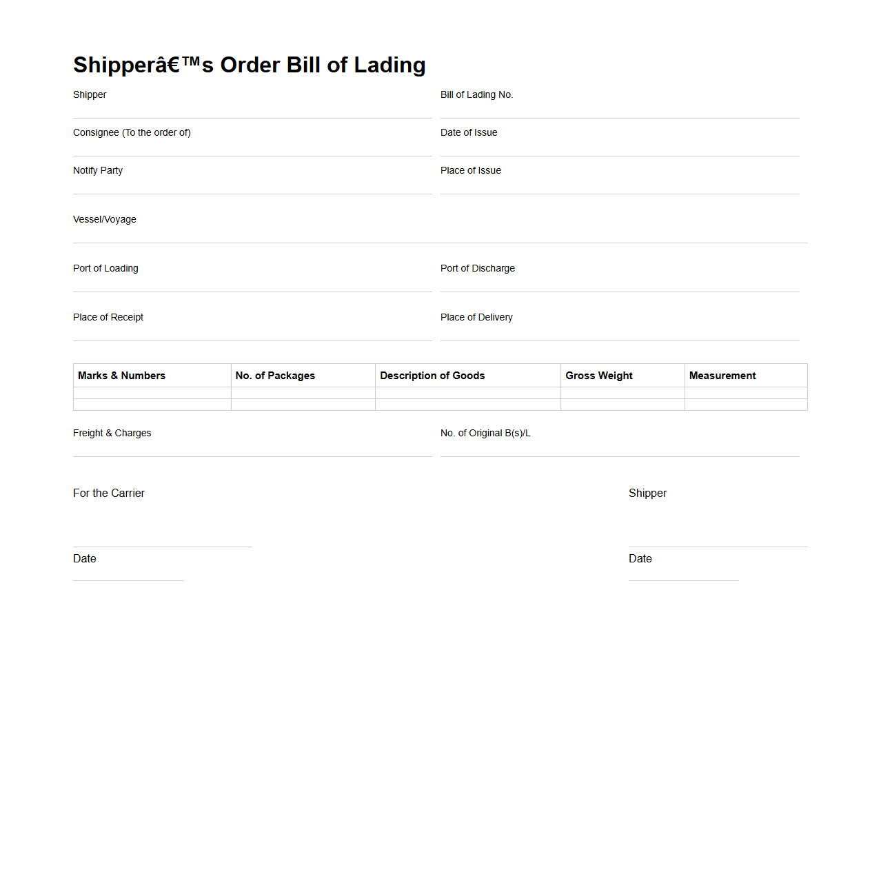 Shipper’s Order Bill of Lading Sample