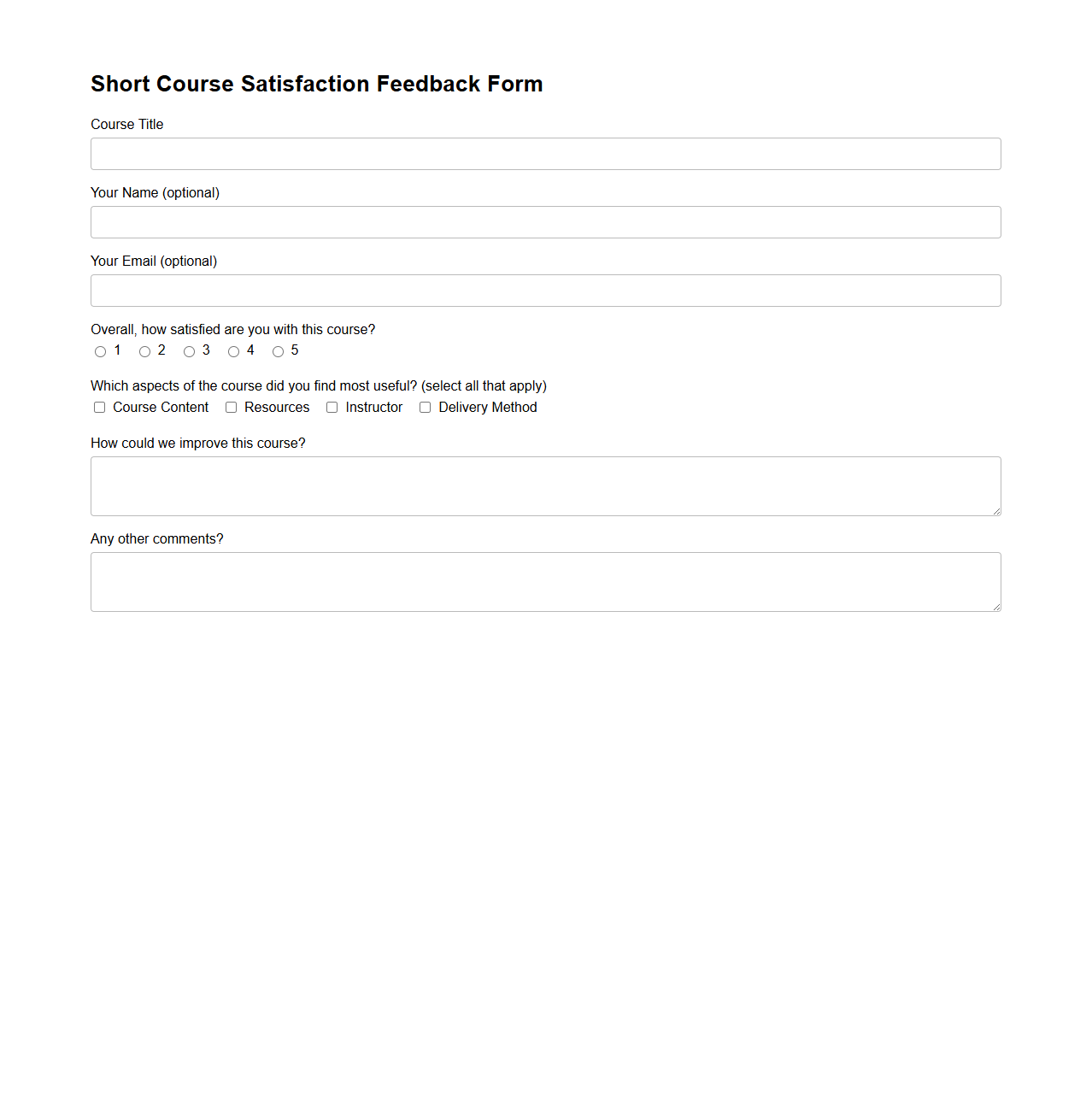 Short Course Satisfaction Feedback Form