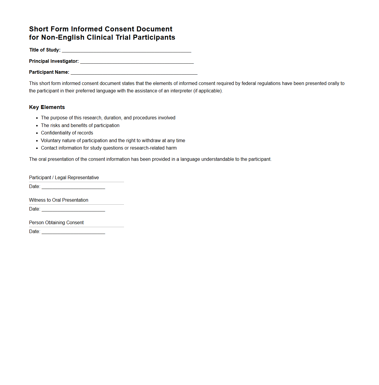 Short Form Informed Consent Document for Non-English Clinical Trial Participants