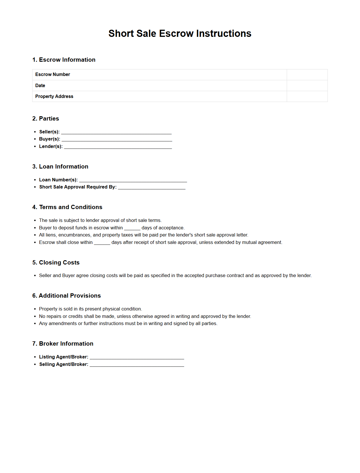 Short Sale Escrow Instructions Template