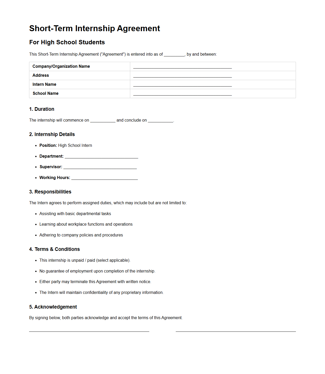 Short-Term Internship Agreement for High School Students