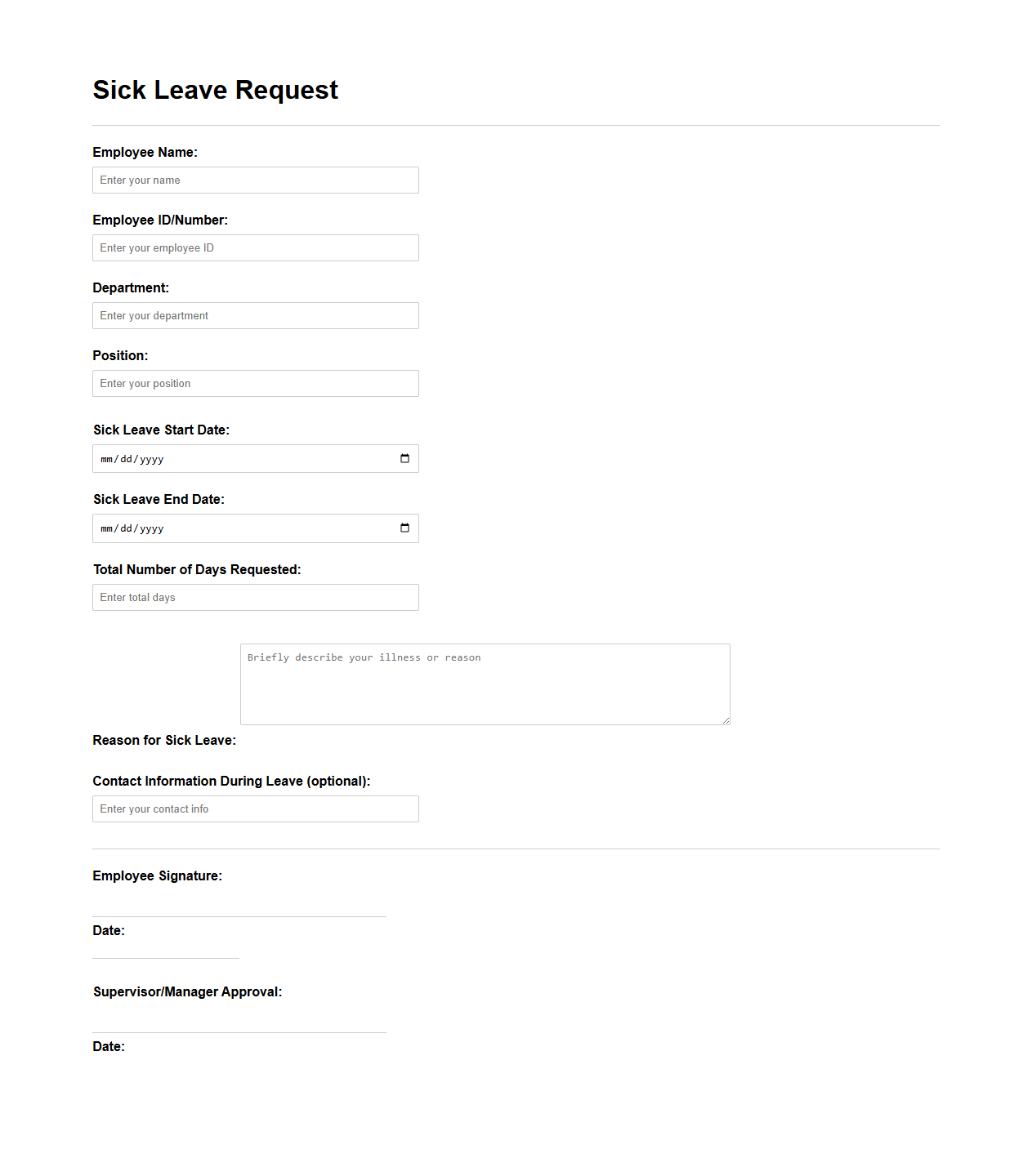 Sick Leave Request Document Sample for Employees