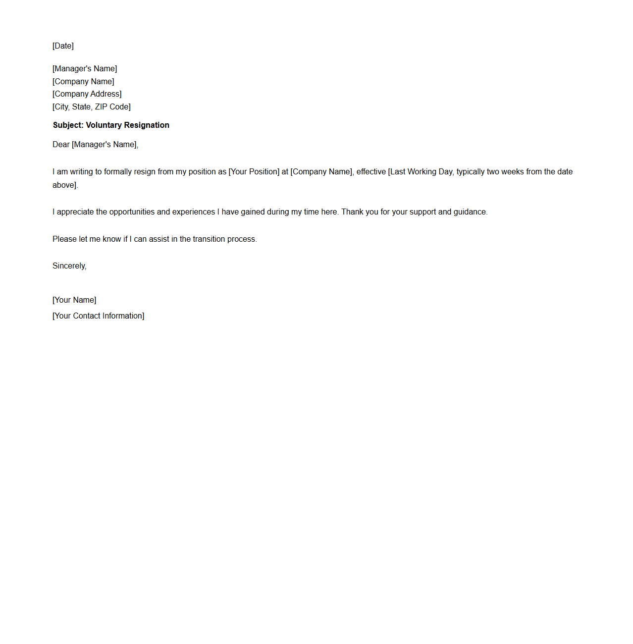 Simple Voluntary Resignation Letter Template