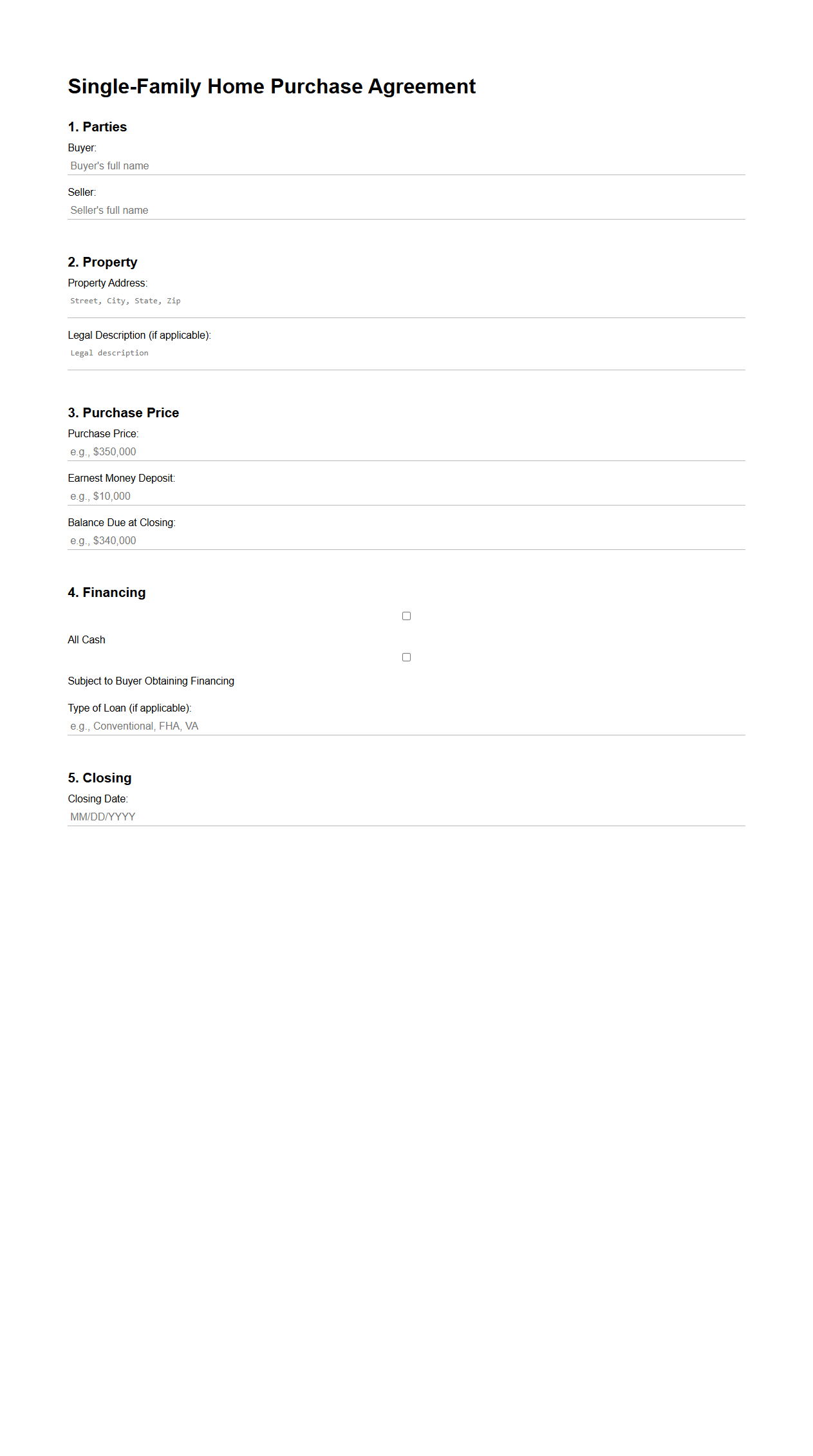 Single-Family Home Purchase Agreement Example