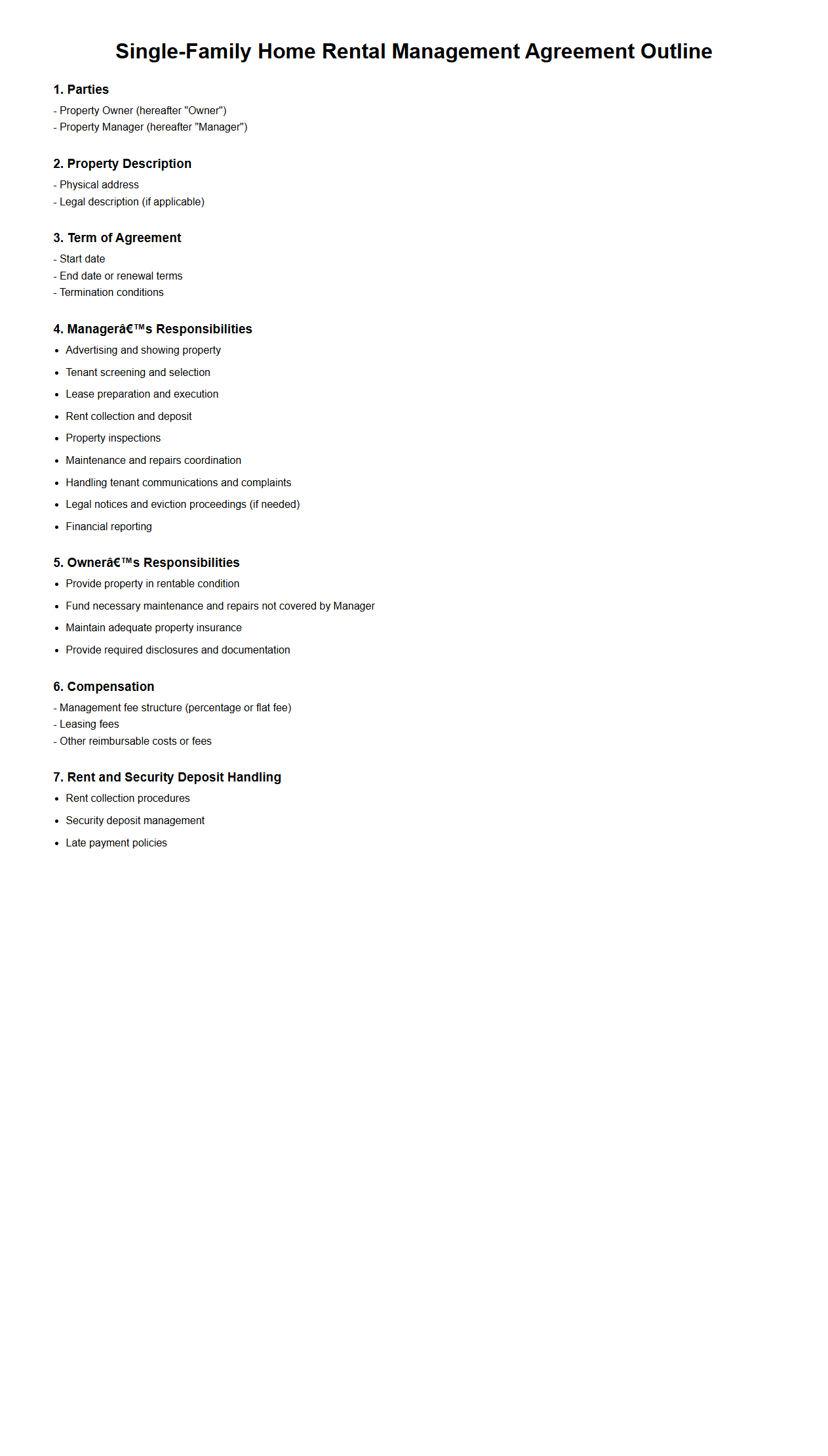 Single-Family Home Rental Management Agreement Outline