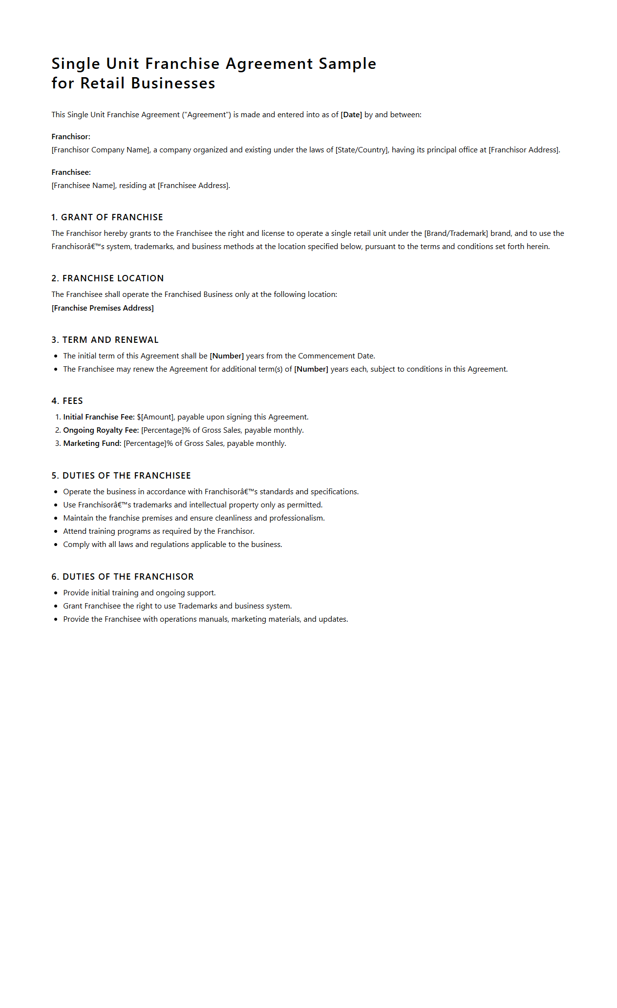 Single Unit Franchise Agreement Sample for Retail Businesses