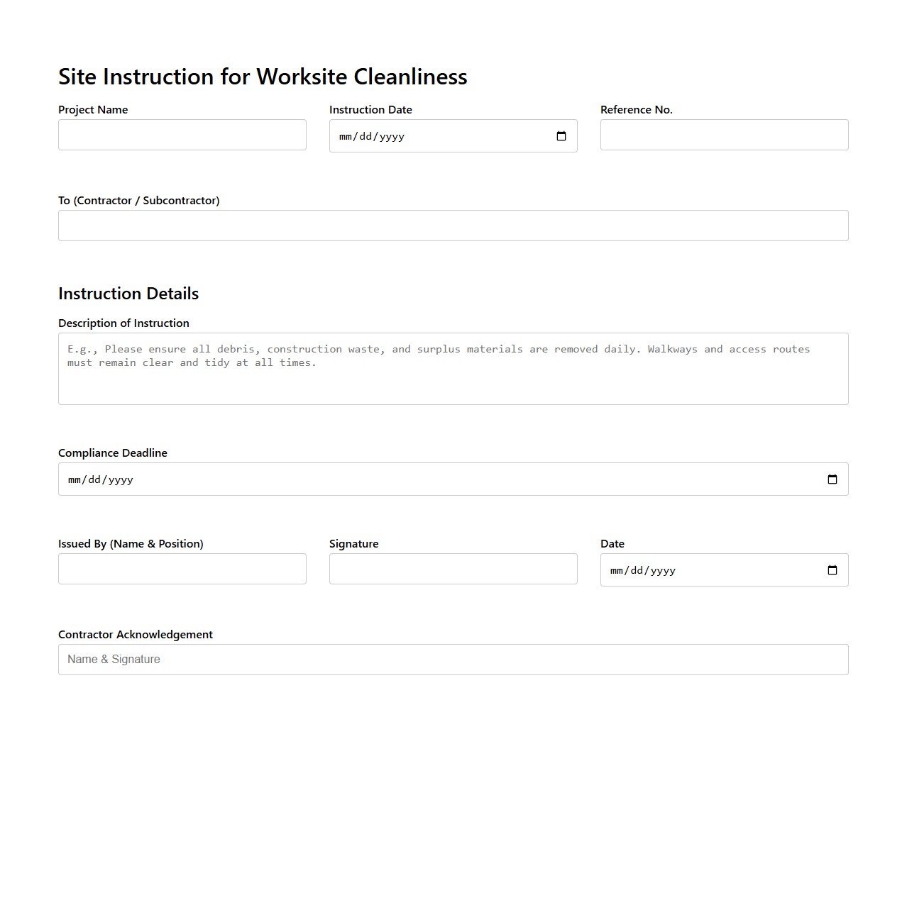 Site Instruction for Worksite Cleanliness