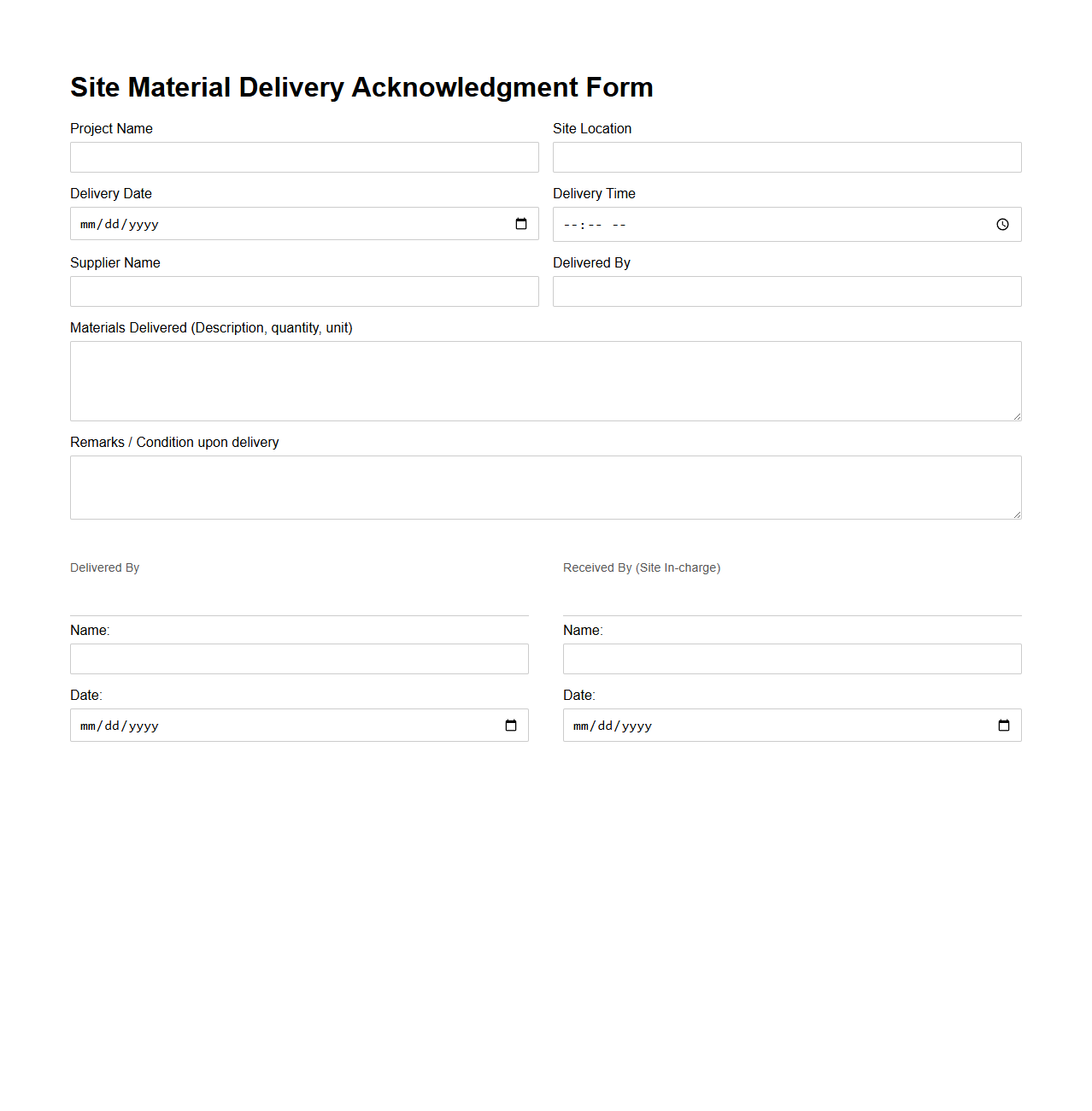 Site Material Delivery Acknowledgment Form Example